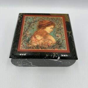 Vintage Edna Hibel Square Marble Lidded Trinket Box 4